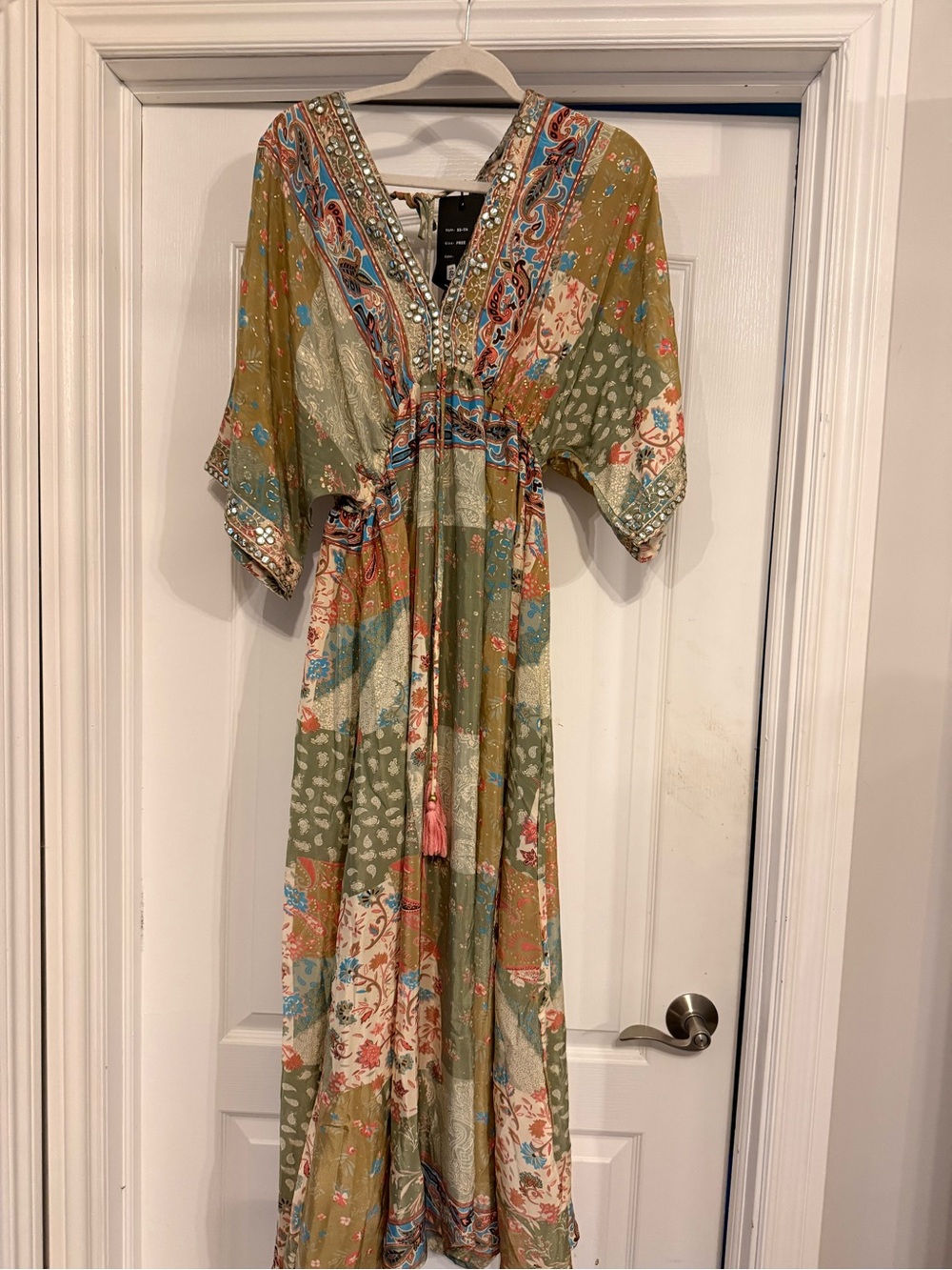 NWT Boho Olive Patchwork Maxi Dress with Embellished V-Neck